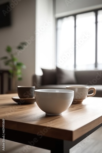 A white coffee cup on a wooden table top with living room background provides copy space for home concept. (Generative AI)