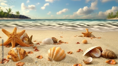 A tropical beach with seashells and starfish on golden sand for a summer holiday. (Generative AI) © HandmadePictures
