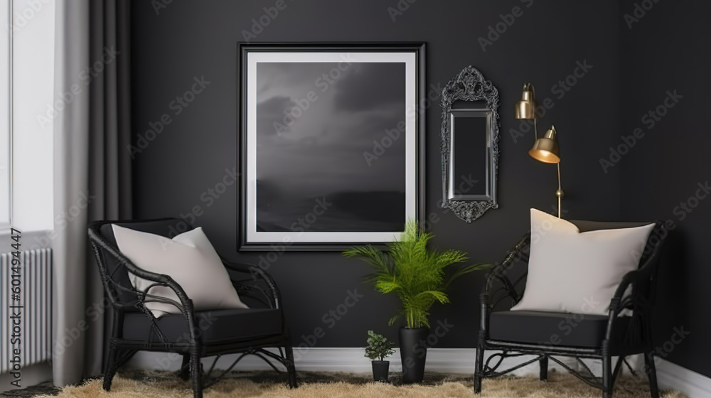 Picture frame mockup psd hanging in a modern living room. Generative Ai