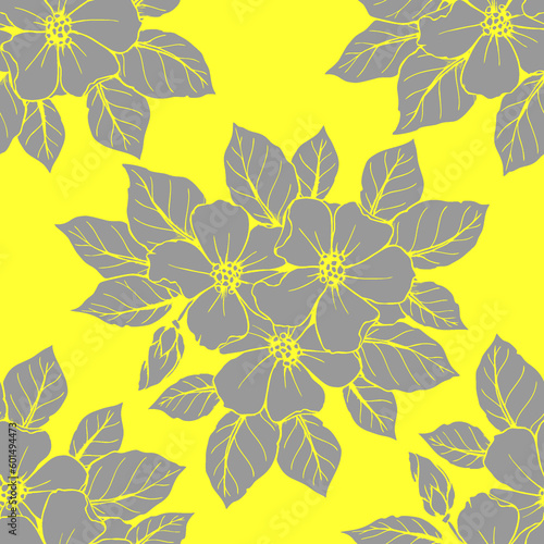 seamless contour pattern of large gray flowers on a yellow background  texture  design