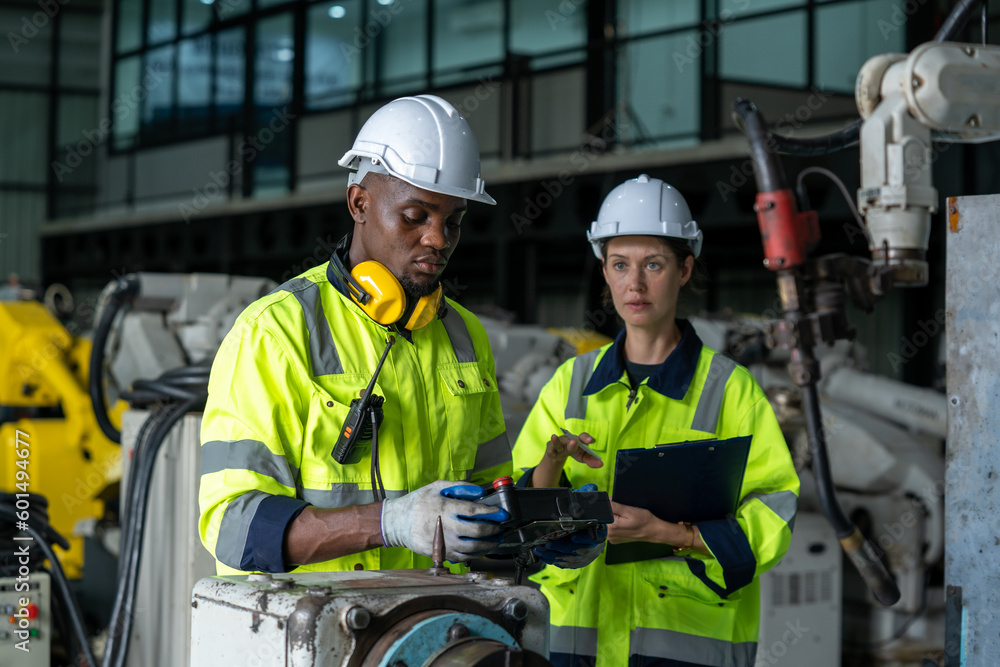 Engineer and project manager in modern industrial factory with robot arms discuss and planning optimization of production. Engineer and project manager in modern industrial factory with robot arms discuss and planning optimization of production.