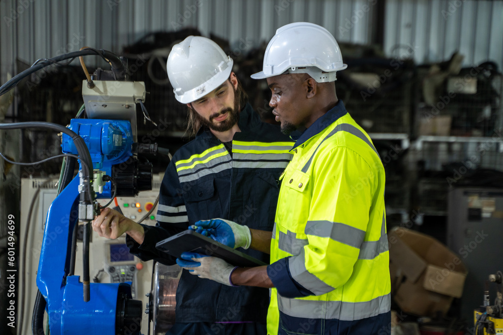 Employees are working at factory with robotic arms,Inspector equipment,Industrial and technology. Employees are working at factory with robotic arms,Inspector equipment,Industrial and technology.