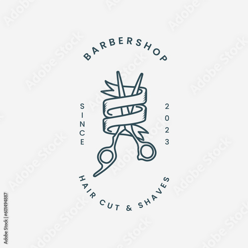 barbershop line art logo vector illustration template design