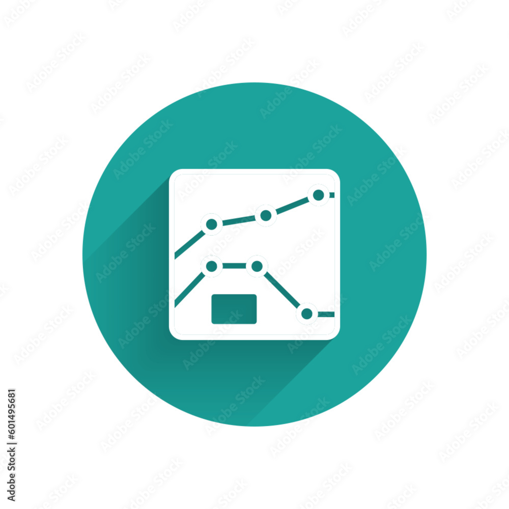 White Graph, schedule, chart, diagram, infographic, pie graph icon isolated with long shadow background. Green circle button. Vector White Graph, schedule, chart, diagram, infographic, pie graph icon isolated with long shadow background. Green circle button. Vector