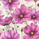 seamless pattern pink cosmea in watercolor style. Generative AI