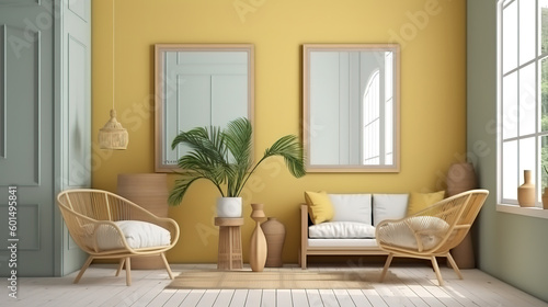 Mockup frame close up in modern home interior with rattan furniture. Generative Ai