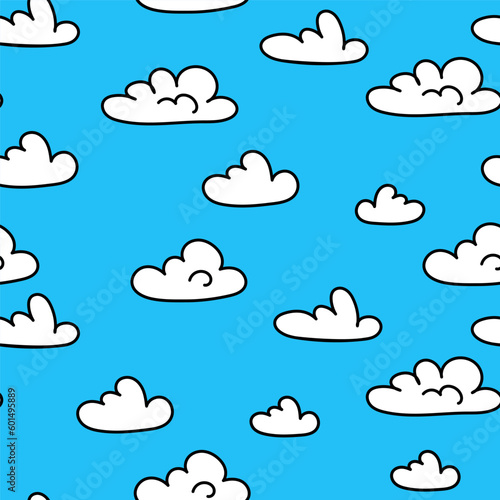 Seamless pattern with doodle clouds. Simple childish cloudscape isolated on blue background. Cute weather print. Vector illustration for textile, fabric, packaging