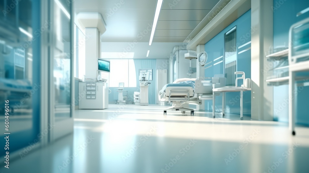 Blurred interior of hospital - abstract medical background. Generative AI - obrazy, fototapety, plakaty 