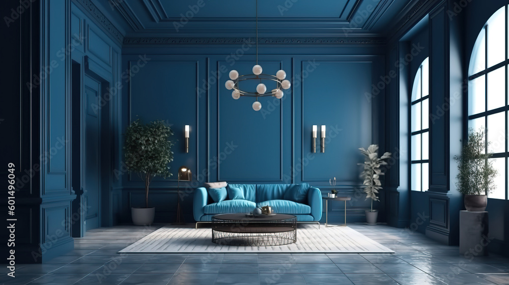 Fototapeta premium Modern interior of living room, concept of classic blue color. Generative Ai