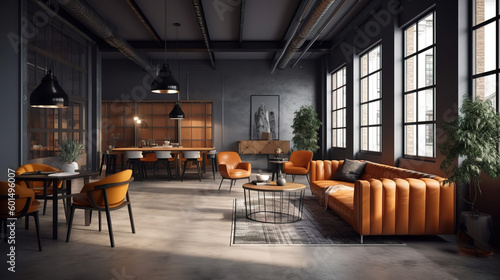 Modern industrial interior with leather furniture. Generative Ai