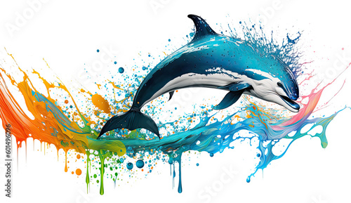 Teal Paint Splattered Dolphin Marine Mammal Transparent Background Generative AI