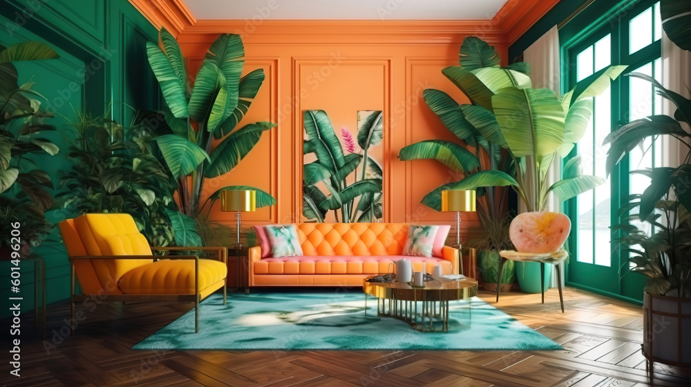 Fototapeta premium Tropical interior, Hawaiian style 3d render, Bright color. Generative Ai