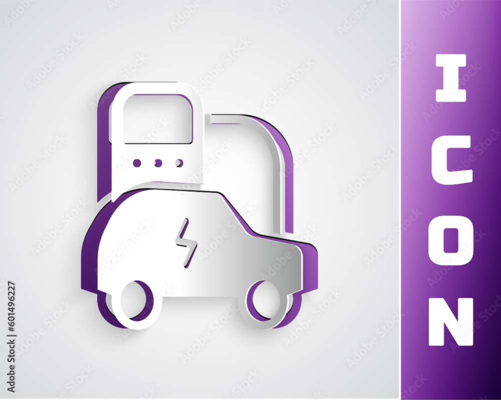 Paper cut Electric car and electrical cable plug charging icon isolated on grey background. Renewable eco technologies. Paper art style. Vector