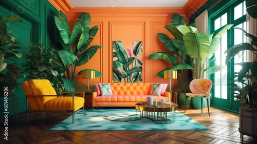 Tropical interior, Hawaiian style 3d render, Bright color. Generative Ai