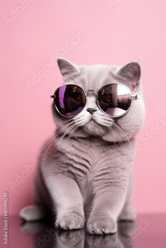Cute british shorthair cat in trendy mirror sunglasses sitting on pink background. Generative AI