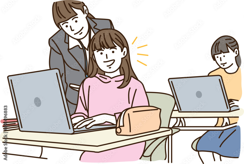 パソコンを操作する女の子と教える先生
パソコンを操作する女の子と教える先生