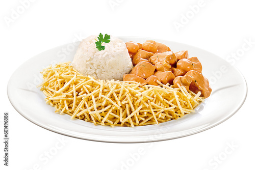 strogonoff de frango com cogumelo acompanhado de arroz branco e batata palha isolado em fundo transparente - Estrogonofe de frango