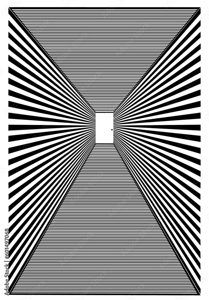 black and white hallway with plain white door at the end with an eyeball in the keyhole black and white hallway with plain white door at the end with an eyeball in the keyhole