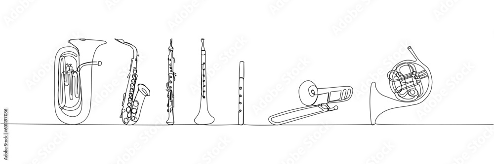 Wind musical instruments set one line art. Continuous line drawing of french horn, tuba, surma, saxophone, ocarina, trumpet, trombone, sopilka, clarinet - obrazy, fototapety, plakaty 