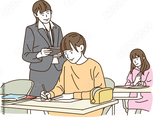 勉強をする女子学生と塾講師のイメージ
