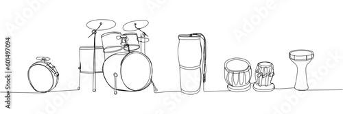 Drums set one line art. Continuous line drawing of play, drum, kit, buhai, darbuka, bongos, big drum, buhalo and cymbal, music, song, vintage, rock, instrument, band, percussion bass musician