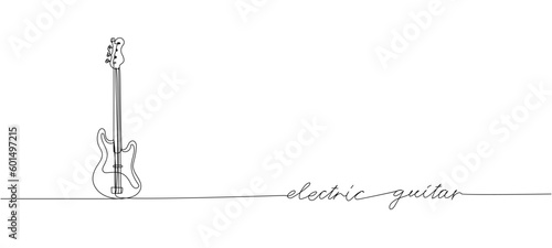 Electric guitar one line art. Continuous line drawing of musical, equipment, song, guitar, electric, melody, rock, volume, chord, bass, acoustic with an inscription, lettering, handwritten.