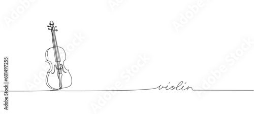 Violin one line art. Continuous line drawing of musical, melody, violin, vintage, music, retro, symphonic, orchestra, viola, symphony, cello, string with an inscription, lettering, handwritten.