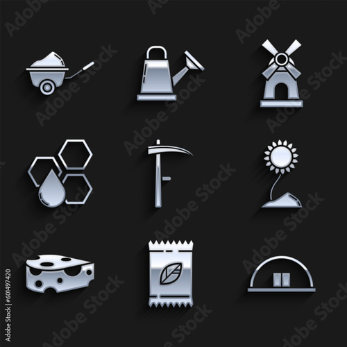 Set Scythe, A pack full of seeds of a specific plant, Hangar, Sunflower, Cheese, Honeycomb, Windmill and Wheelbarrow with dirt icon. Vector