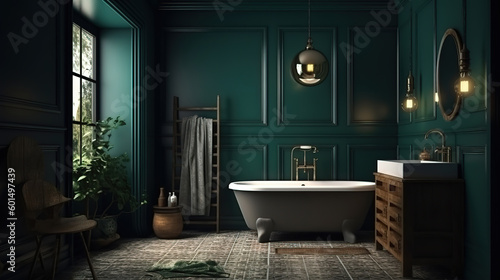 Dark green rustic bathroom  3d render. Generative Ai