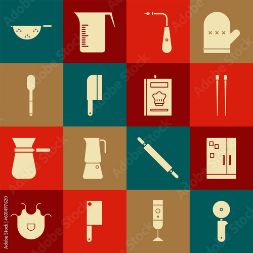 Set Pizza knife, Refrigerator, Food chopsticks, Long electric lighter, Meat chopper, Spoon, Kitchen colander and Cookbook icon. Vector