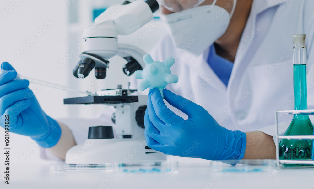 hand of scientist with test tube and flask in medical chemistry lab blue banner background hand of scientist with test tube and flask in medical chemistry lab blue banner background