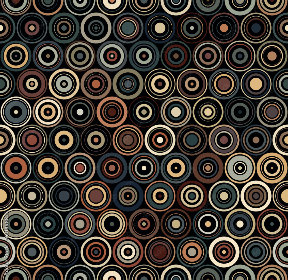 Seamless geometric pattern. A regular grid of vertical and horizontal lines of multicolored concentric circles on a black background. Vintage autumn colors design. Dotted texture. Vector image.