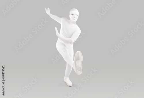 Mysterious person dancing in monochromatic white  skin tight bodysuit. Full length man in white  skintight costume and creepy mask of anthropomorphic android robot dances on light grey background