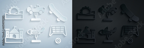 Set Swing plane, Skateboard trick, Sand castle, Soccer goal with ball, car and Ferris wheel icon. Vector