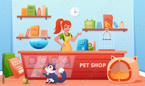 Pet shop interior with counter and signboard, showcase.cute pets, a cat and a canary, a bird, an aquarium fish and a female seller. A pet store. Food and toys for animals.