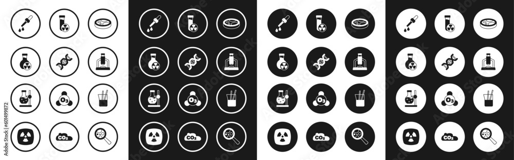 Set Petri dish with bacteria, DNA symbol, Test tube toxic liquid, Pipette, Microscope, Laboratory glassware and flask on stand icon. Vector Set Petri dish with bacteria, DNA symbol, Test tube toxic liquid, Pipette, Microscope, Laboratory glassware and flask on stand icon. Vector