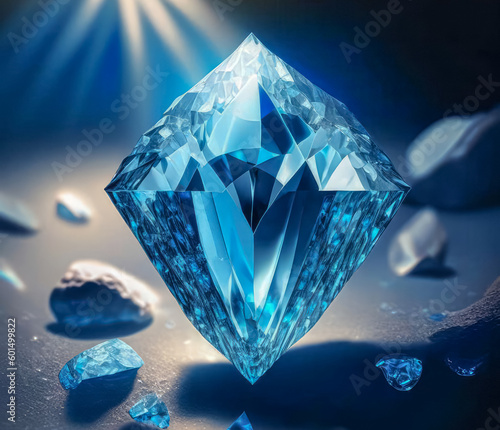 Bright blue diamond on a dark background. Generative AI