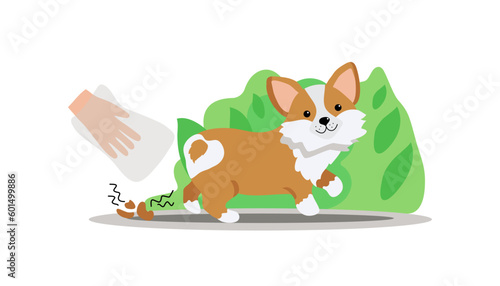 Walking with a pet. Clean up dog poop with a plastic bag and throw it in the trash can.  A way to clean up after your pet during your daily walk. Cute cartoon dog. Corgi breed. Vector illustration.