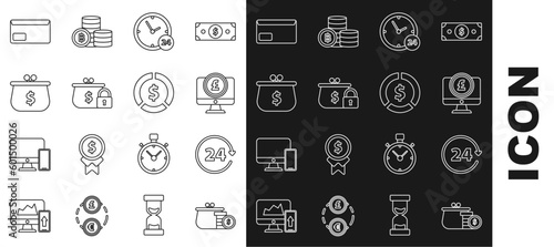 Set line Wallet with coins, Clock 24 hours, Computer monitor pound sterling symbol, Closed wallet, dollar, Envelope and Coin money icon. Vector