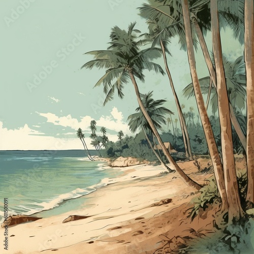 Tropical beach with palm trees and waves  vector illustration. Generative AI