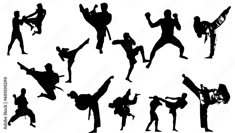 silhouette set, martial arts, jiu jitsu, karate, taekwondo, kung fu, capoeira, fight silhouette set, martial arts, jiu jitsu, karate, taekwondo, kung fu, capoeira, fight