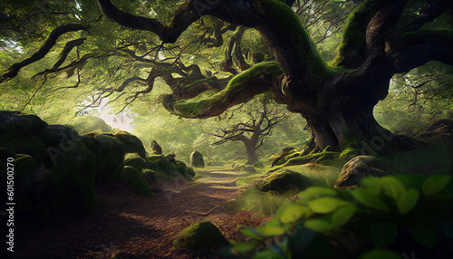 Overview of An Overgrown Ancient Oak Forest Woodland with Moss Lush Conopy AI Generative © Image Lounge
