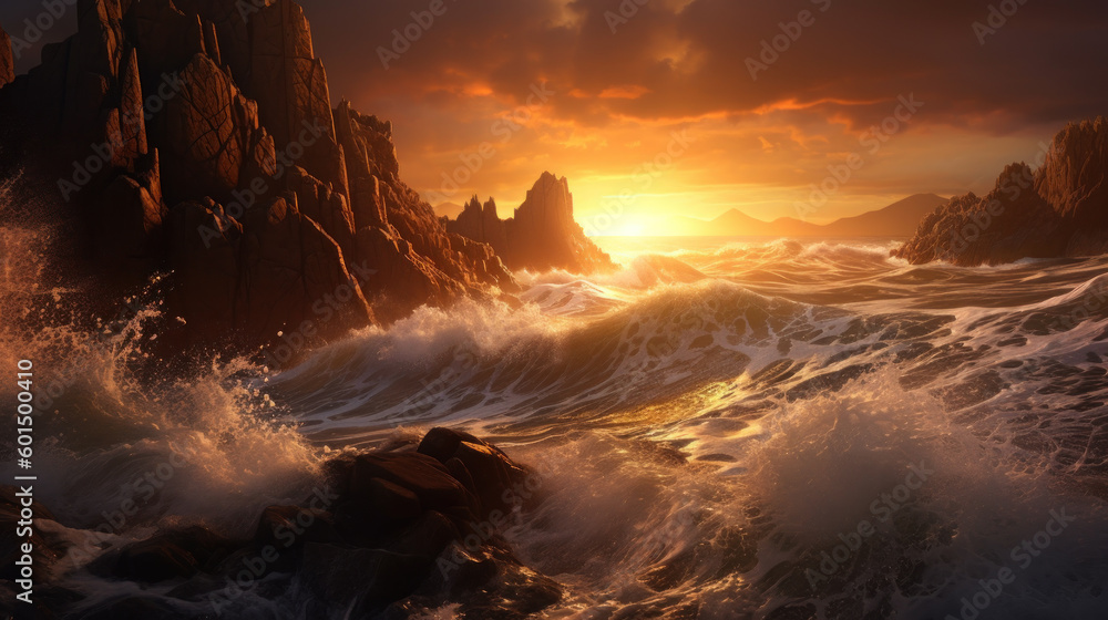 Striking Sunrise over Rugged Coastline, Waves Crashing Against Cliffs, Wide-Angle Lens Shot, Generative AI