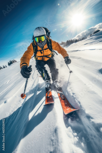 Low-Angle Photograph of Skier on Piste, Wearing Next-Generation Layered Salopettes, Generative AI