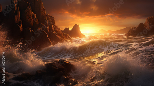 Striking Sunrise over Rugged Coastline, Waves Crashing Against Cliffs, Wide-Angle Lens Shot, Generative AI © ArgitopIA