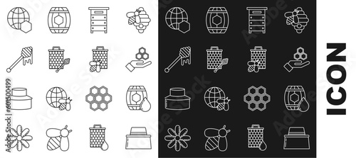 Set line Beekeeper with protect hat, Wooden barrel honey, Honeycomb and hand, Hive for bees, dipper stickicon, dripping, map of the world and honeycomb icon. Vector