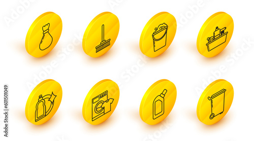 Set line Trash can, Plastic bottles for liquid dishwashing liquid, Washer and t-shirt, Bucket with foam bubbles, Mop and Garbage bag icon. Vector