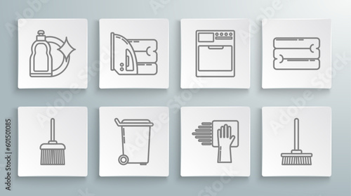 Set line Handle broom, Electric iron towel, Trash can, Cleaning service, Mop, Washer, Towel stack and Plastic bottles for liquid dishwashing liquid icon. Vector