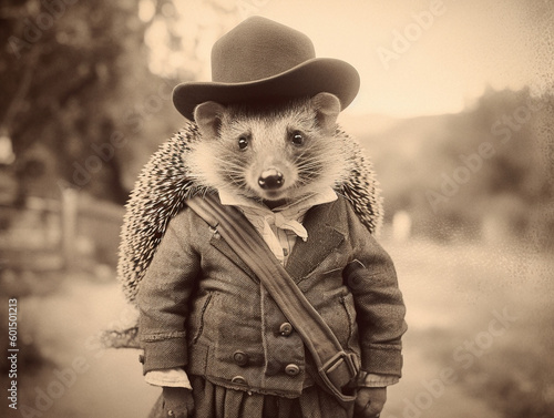 An Antique Photo of a Hedgehog Dressed Up as a Cowboy | Generative AI