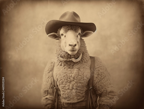 An Antique Photo of a Sheep Dressed Up as a Cowboy | Generative AI photo